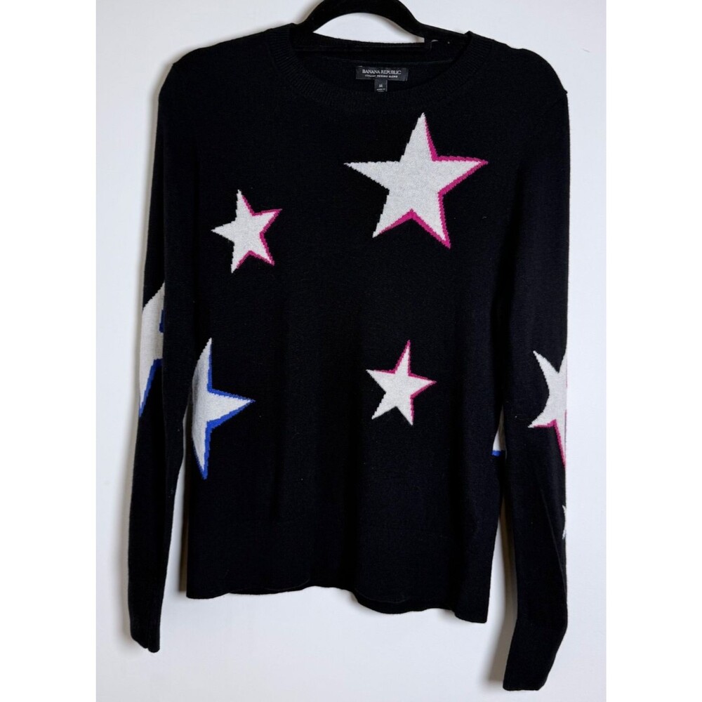 Banana Republic Merino Wool Star Sweater Womens M Black Pink Blue Y2K Whimsigoth